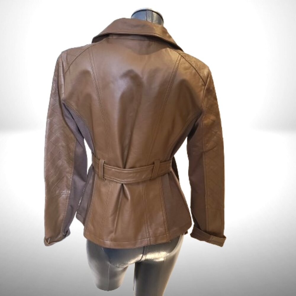 GUESS Los Angeles Brown Belted Faux-Leather Moto Jacket – Size M - Picture 4 of 9
